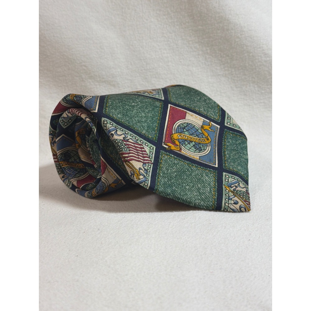 Structure Mens Silk Tie Green American Flag Globe Italian Fabric Made in USA